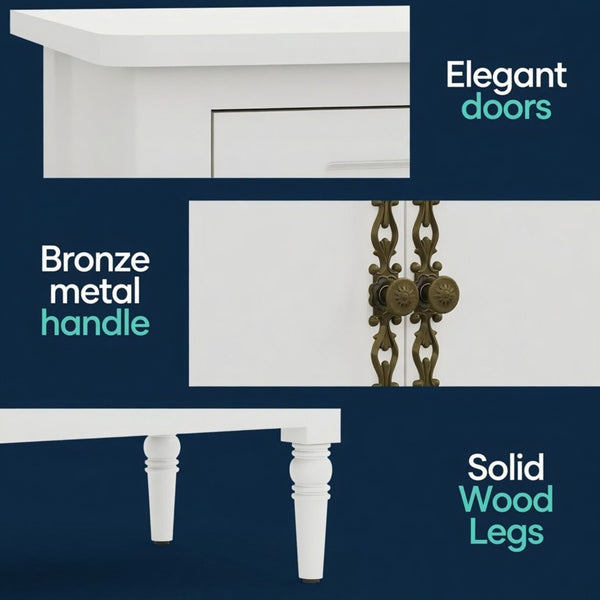 English Elm 58.9 Inch White Buffet Cabinet with Carved Bronze Hardware and Adjustable Interior Shelves B082P517267