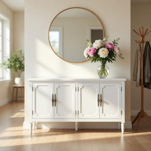 English Elm 58.9 Inch White Buffet Cabinet with Carved Bronze Hardware and Adjustable Interior Shelves B082P517267
