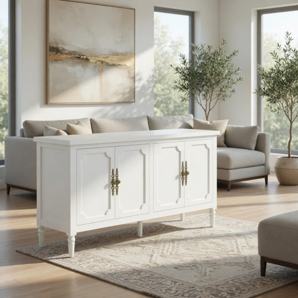 English Elm 58.9 Inch White Buffet Cabinet with Carved Bronze Hardware and Adjustable Interior Shelves B082P517267