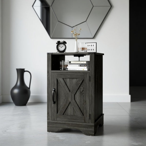English Elm 16 Inch Farmhouse Nightstand with Built-In USB Charging Station and Cabinet Storage B082P517268