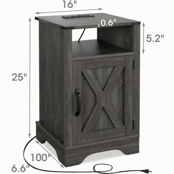 English Elm 16 Inch Farmhouse Nightstand with Built-In USB Charging Station and Cabinet Storage B082P517268