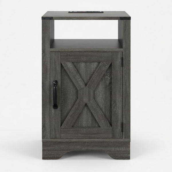 English Elm 16 Inch Farmhouse Nightstand with Built-In USB Charging Station and Cabinet Storage B082P517268