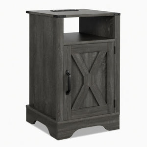 English Elm 16 Inch Farmhouse Nightstand with Built-In USB Charging Station and Cabinet Storage B082P517268
