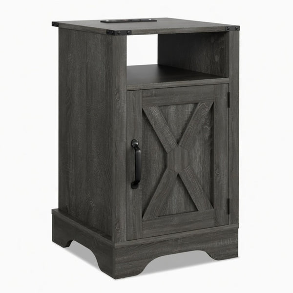 English Elm 16 Inch Farmhouse Nightstand with Built-In USB Charging Station and Cabinet Storage B082P517268