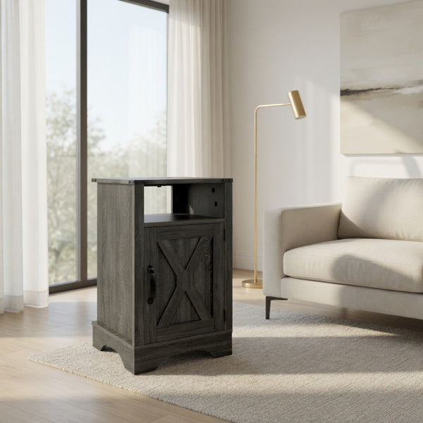 English Elm 16 Inch Farmhouse Nightstand with Built-In USB Charging Station and Cabinet Storage B082P517268