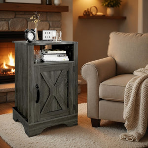 English Elm 16 Inch Farmhouse Nightstand with Built-In USB Charging Station and Cabinet Storage B082P517268