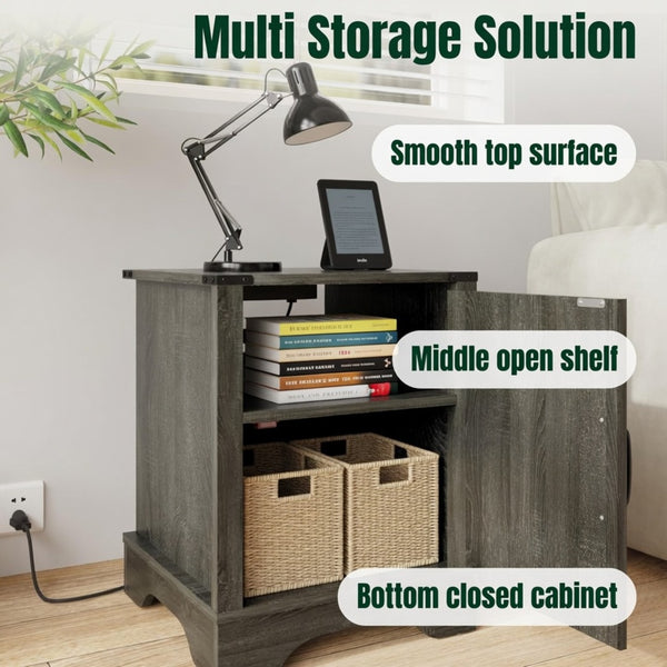 English Elm 16 Inch Farmhouse Nightstand with Built-In USB Charging Station and Cabinet Storage B082P517268