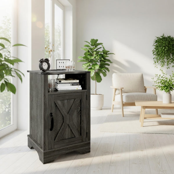English Elm 16 Inch Farmhouse Nightstand with Built-In USB Charging Station and Cabinet Storage B082P517268