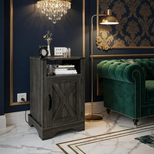 English Elm 16 Inch Farmhouse Nightstand with Built-In USB Charging Station and Cabinet Storage B082P517268