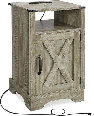 English Elm 16 Inch Farmhouse Nightstand with Built in USB Charging Cabinet and Open Shelf Storage B082P517269