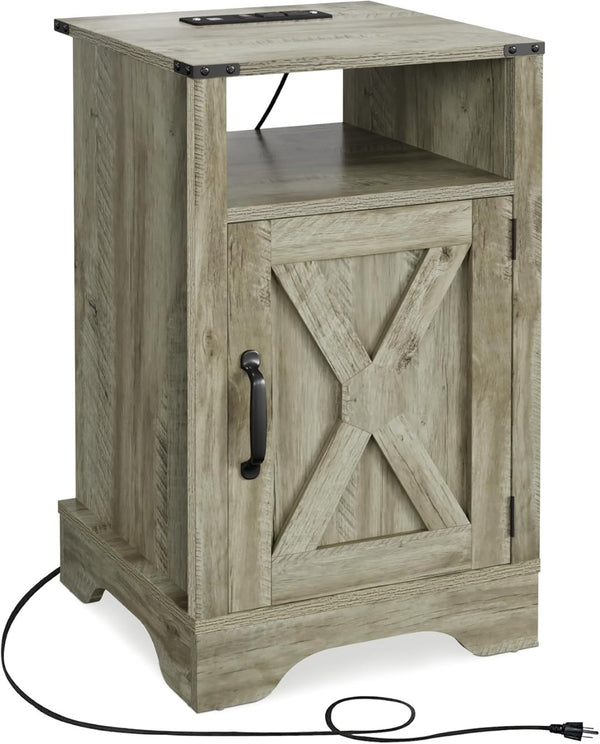 English Elm 16 Inch Farmhouse Nightstand with Built in USB Charging Cabinet and Open Shelf Storage B082P517269