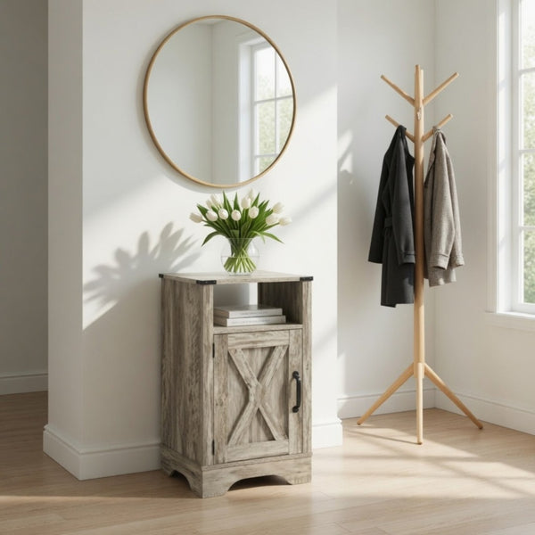 English Elm 16 Inch Farmhouse Nightstand with Built in USB Charging Cabinet and Open Shelf Storage B082P517269