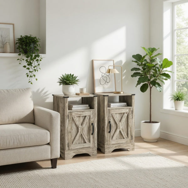 English Elm 16 Inch Farmhouse Nightstand with Built in USB Charging Cabinet and Open Shelf Storage B082P517269