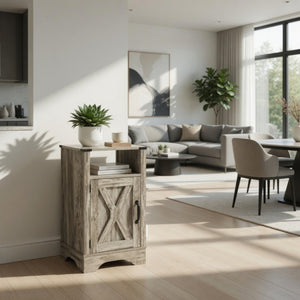 English Elm 16 Inch Farmhouse Nightstand with Built in USB Charging Cabinet and Open Shelf Storage B082P517269