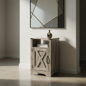 English Elm 16 Inch Farmhouse Nightstand with Built in USB Charging Cabinet and Open Shelf Storage B082P517269