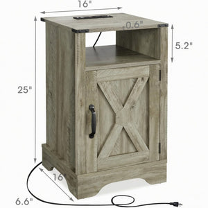 English Elm 16 Inch Farmhouse Nightstand with Built in USB Charging Cabinet and Open Shelf Storage B082P517269