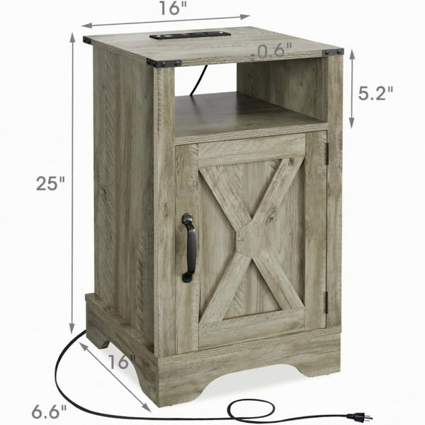 English Elm 16 Inch Farmhouse Nightstand with Built in USB Charging Cabinet and Open Shelf Storage B082P517269