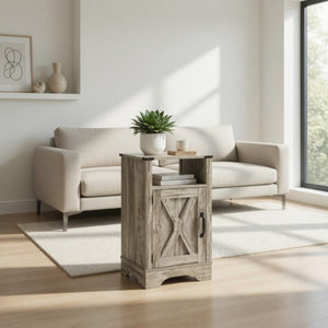 English Elm 16 Inch Farmhouse Nightstand with Built in USB Charging Cabinet and Open Shelf Storage B082P517269