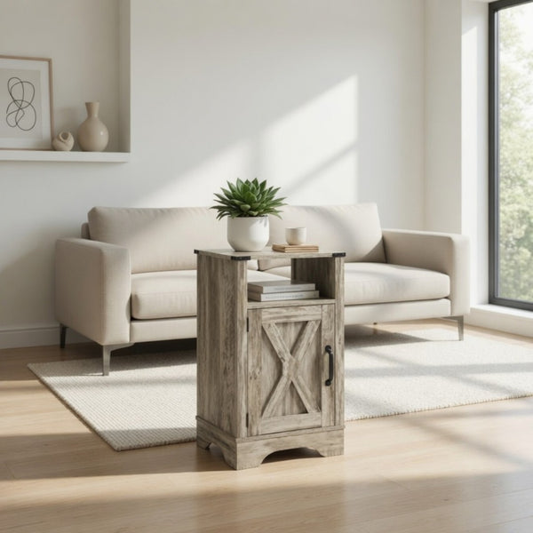 English Elm 16 Inch Farmhouse Nightstand with Built in USB Charging Cabinet and Open Shelf Storage B082P517269