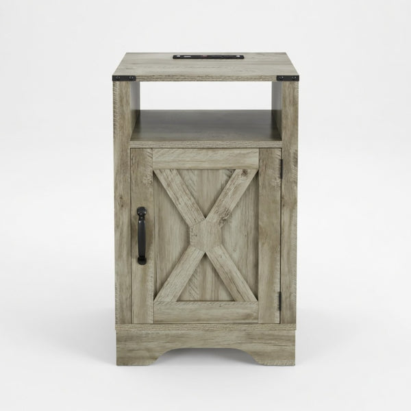 English Elm 16 Inch Farmhouse Nightstand with Built in USB Charging Cabinet and Open Shelf Storage B082P517269