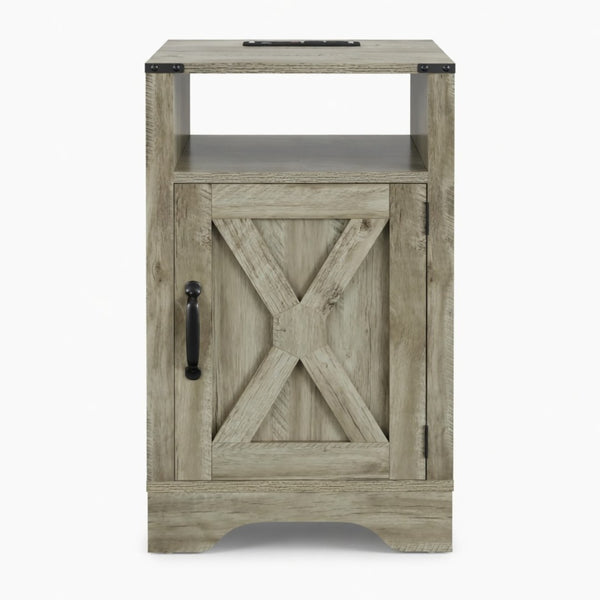 English Elm 16 Inch Farmhouse Nightstand with Built in USB Charging Cabinet and Open Shelf Storage B082P517269