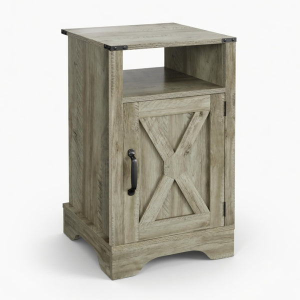 English Elm 16 Inch Farmhouse Nightstand with Built in USB Charging Cabinet and Open Shelf Storage B082P517269