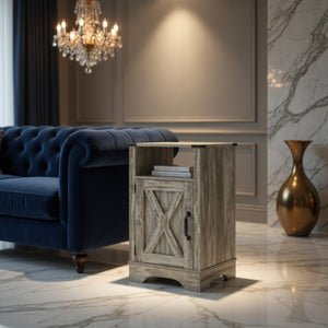 English Elm 16 Inch Farmhouse Nightstand with Built in USB Charging Cabinet and Open Shelf Storage B082P517269