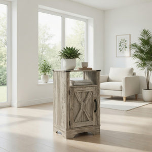 English Elm 16 Inch Farmhouse Nightstand with Built in USB Charging Cabinet and Open Shelf Storage B082P517269