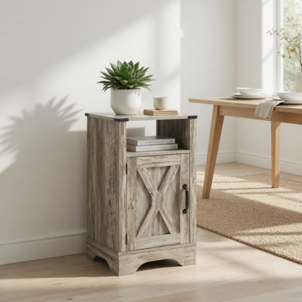 English Elm 16 Inch Farmhouse Nightstand with Built in USB Charging Cabinet and Open Shelf Storage B082P517269