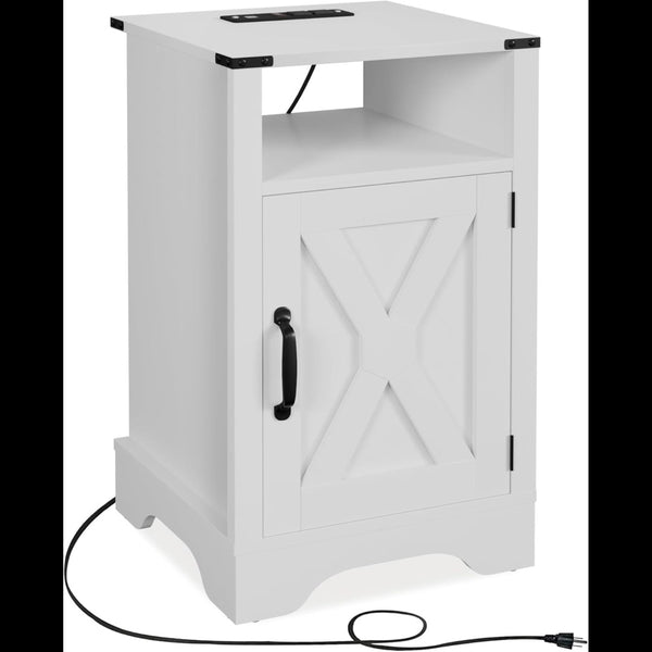 English Elm 16 Inch Farmhouse Nightstand with Built-In USB Charging Distressed Cabinet Storage White B082P517270