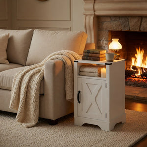 English Elm 16 Inch Farmhouse Nightstand with Built-In USB Charging Distressed Cabinet Storage White B082P517270