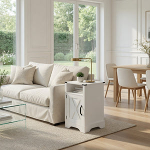English Elm 16 Inch Farmhouse Nightstand with Built-In USB Charging Distressed Cabinet Storage White B082P517270