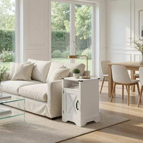 English Elm 16 Inch Farmhouse Nightstand with Built-In USB Charging Distressed Cabinet Storage White B082P517270