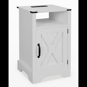 English Elm 16 Inch Farmhouse Nightstand with Built-In USB Charging Distressed Cabinet Storage White B082P517270
