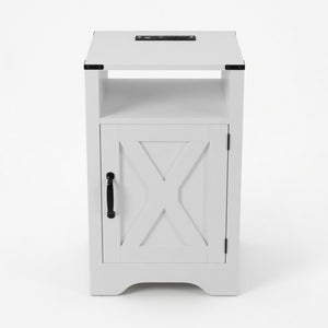 English Elm 16 Inch Farmhouse Nightstand with Built-In USB Charging Distressed Cabinet Storage White B082P517270