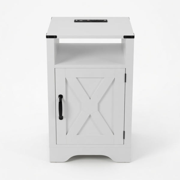 English Elm 16 Inch Farmhouse Nightstand with Built-In USB Charging Distressed Cabinet Storage White B082P517270