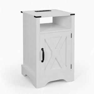 English Elm 16 Inch Farmhouse Nightstand with Built-In USB Charging Distressed Cabinet Storage White B082P517270
