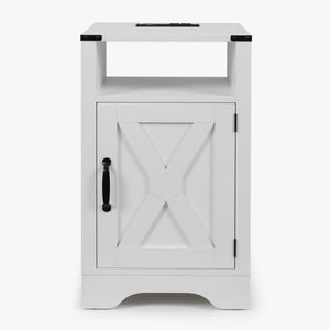 English Elm 16 Inch Farmhouse Nightstand with Built-In USB Charging Distressed Cabinet Storage White B082P517270