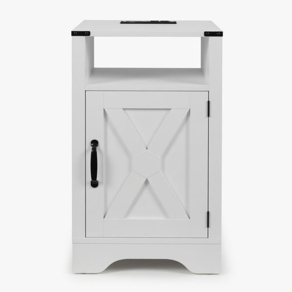 English Elm 16 Inch Farmhouse Nightstand with Built-In USB Charging Distressed Cabinet Storage White B082P517270