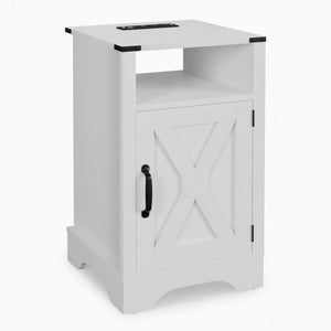 English Elm 16 Inch Farmhouse Nightstand with Built-In USB Charging Distressed Cabinet Storage White B082P517270