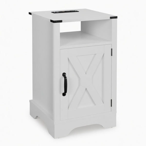 English Elm 16 Inch Farmhouse Nightstand with Built-In USB Charging Distressed Cabinet Storage White B082P517270