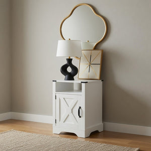 English Elm 16 Inch Farmhouse Nightstand with Built-In USB Charging Distressed Cabinet Storage White B082P517270