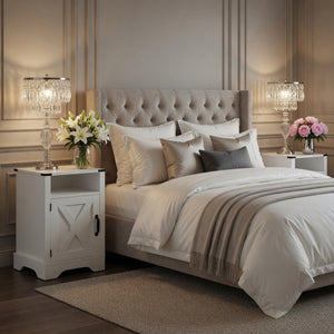 English Elm 16 Inch Farmhouse Nightstand with Built-In USB Charging Distressed Cabinet Storage White B082P517270
