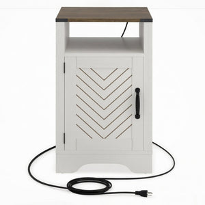 English Elm 16 Inch Farmhouse Nightstand with Built-In USB Charging Distressed Cabinet Storage White + Light Oak B082P517271