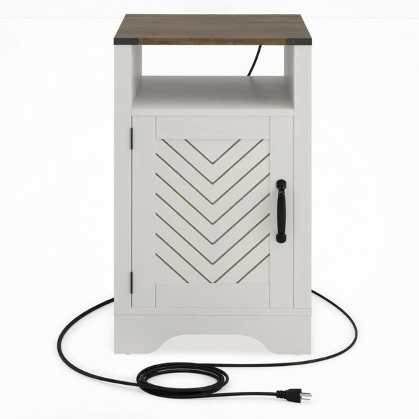 English Elm 16 Inch Farmhouse Nightstand with Built-In USB Charging Distressed Cabinet Storage White + Light Oak B082P517271