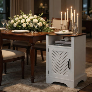 English Elm 16 Inch Farmhouse Nightstand with Built-In USB Charging Distressed Cabinet Storage White + Light Oak B082P517271