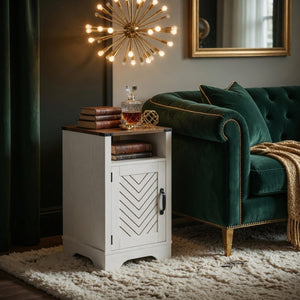 English Elm 16 Inch Farmhouse Nightstand with Built-In USB Charging Distressed Cabinet Storage White + Light Oak B082P517271
