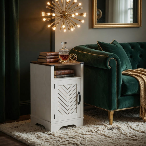 English Elm 16 Inch Farmhouse Nightstand with Built-In USB Charging Distressed Cabinet Storage White + Light Oak B082P517271