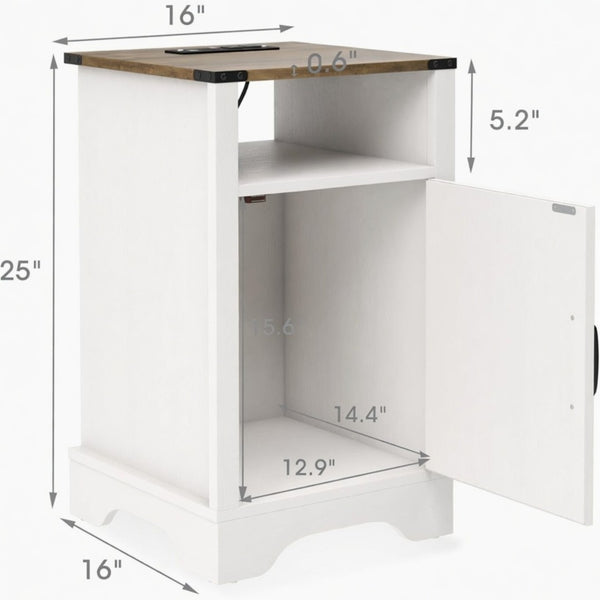 English Elm 16 Inch Farmhouse Nightstand with Built-In USB Charging Distressed Cabinet Storage White + Light Oak B082P517271
