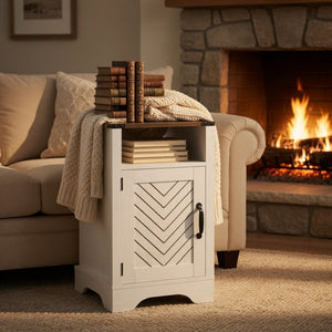 English Elm 16 Inch Farmhouse Nightstand with Built-In USB Charging Distressed Cabinet Storage White + Light Oak B082P517271
